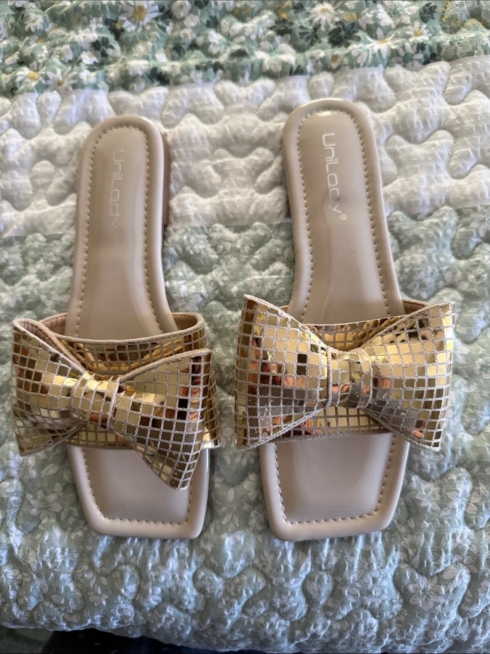 Unilady Brand Gold Bow Slide Mules